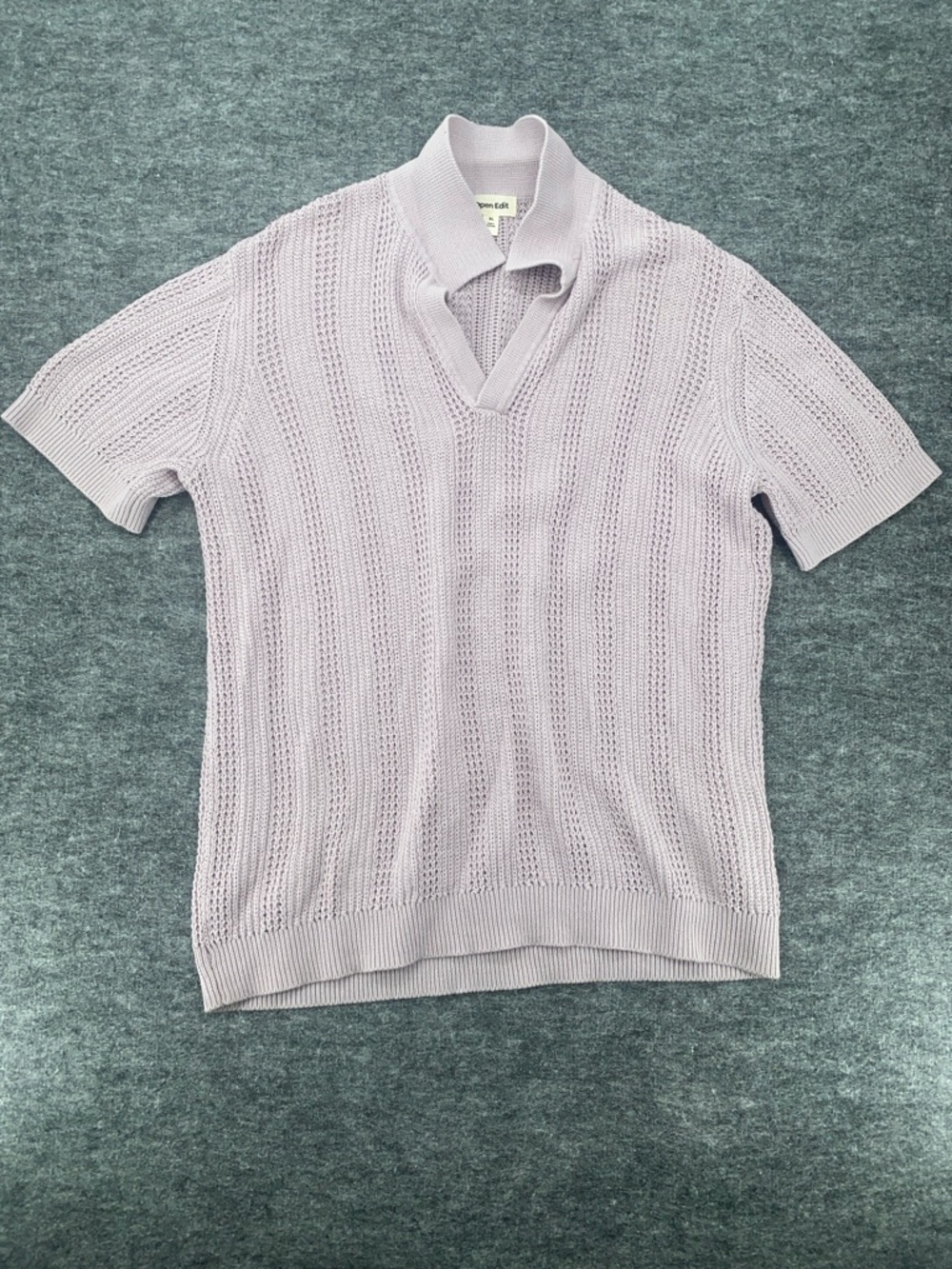 Open Edit Ribbed Knit Polo Sweater Short Sleeve Lavender XL Cotton Top